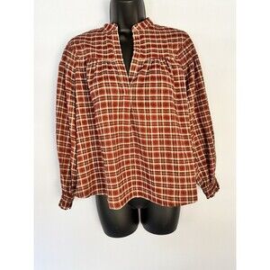 Treasure & Bond NWT Women’s Size XXS Orange Brown Plaid Blouse Puff Sleeve